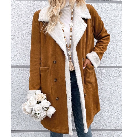 sherpa shearling lined pocket trench pea coat came - Picture 4 of 6